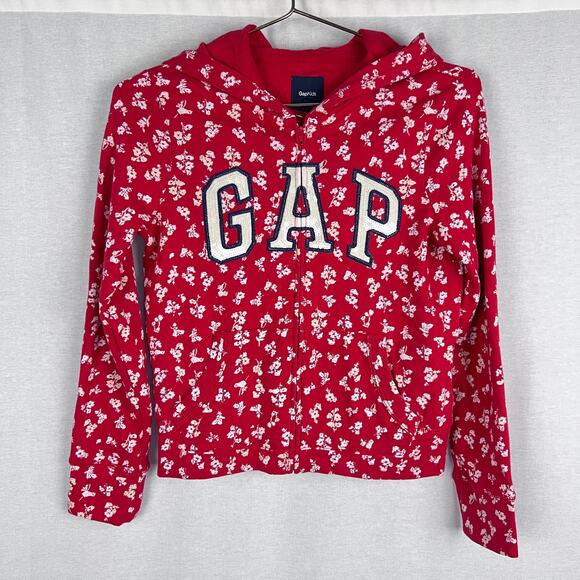 NWT Gap Kids Hoodie Girls Red Floral Logo Sequin Full Zip Sweatshirt Cute Girly - Picture 1 of 6